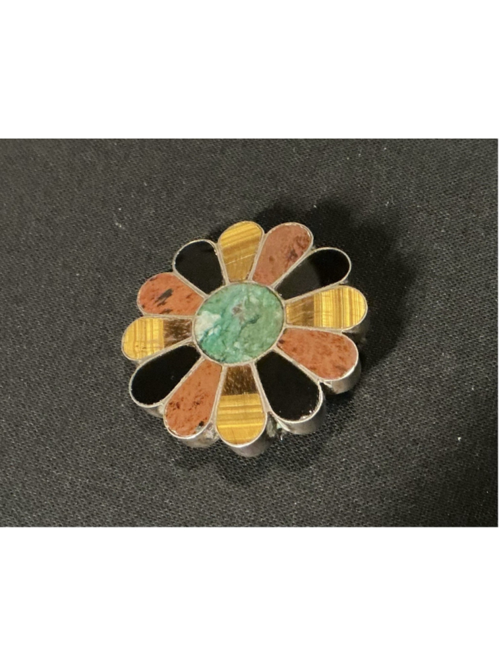 Vtg Taxco Mexico 925 Sterling Silver Multi Stone Inlay Flower Brooch Pendant .
